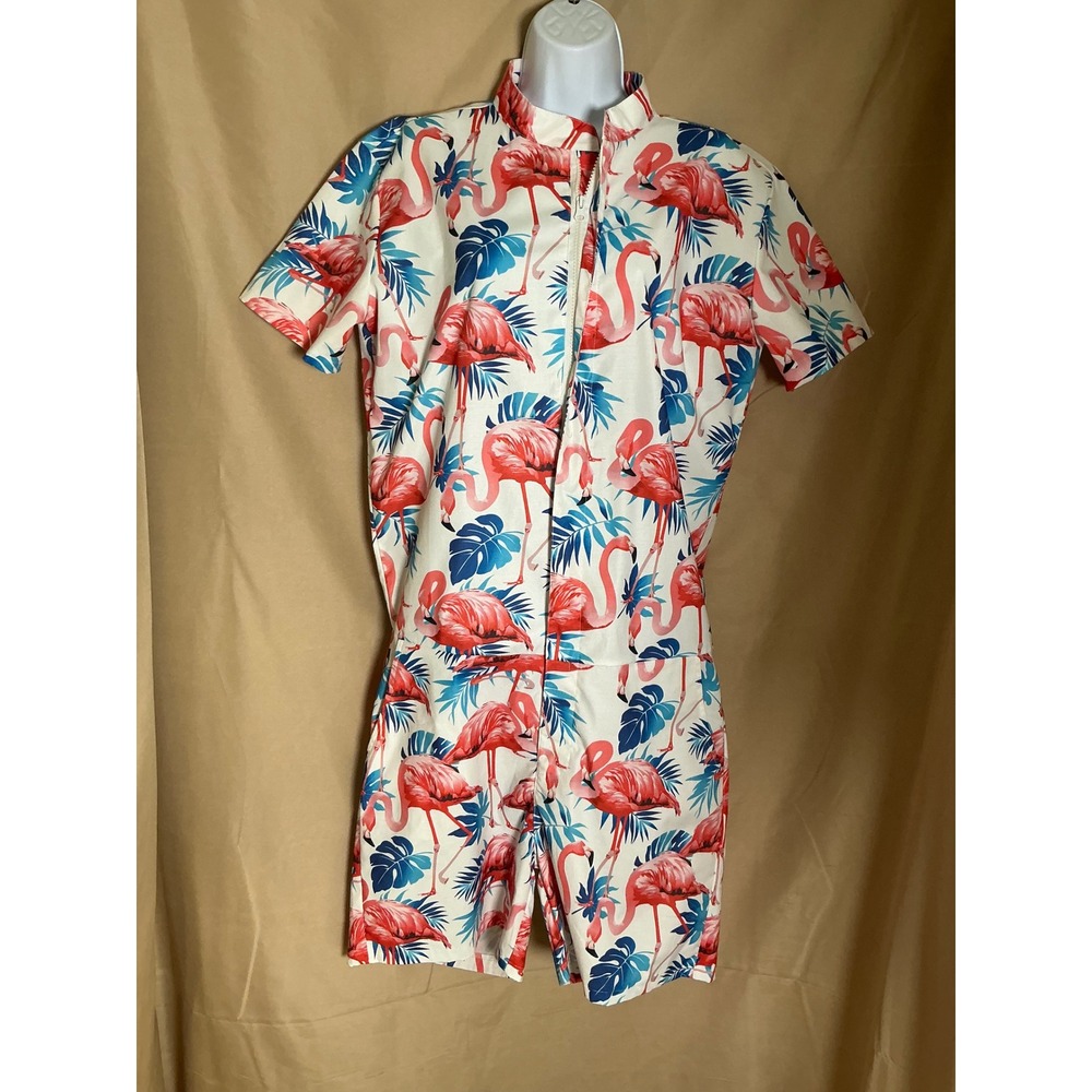 Unbranded Romper Mens Medium White Pink Flamingo Tropical Excellent Zip Romphim